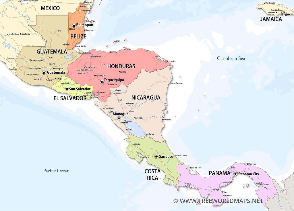 Map of Mexico and Central American counties where hummingbirds are found