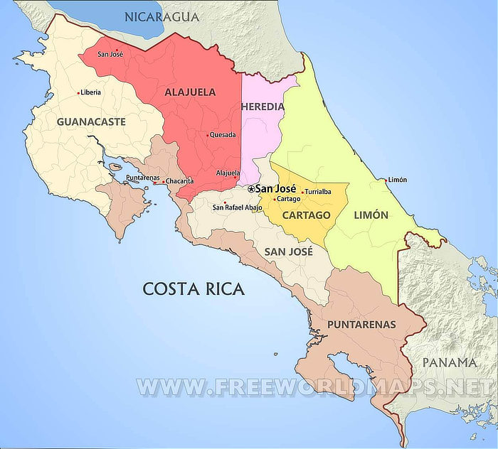 Map of Costa Rica, Provinces and Major Cities