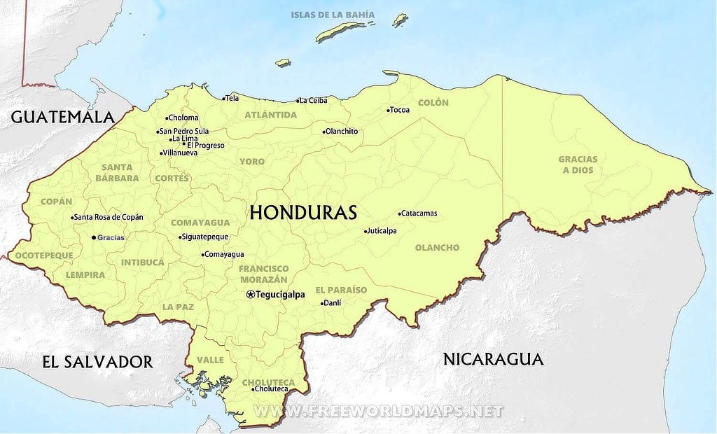 Map of Honduras in Central America, with Departments and Major Cities