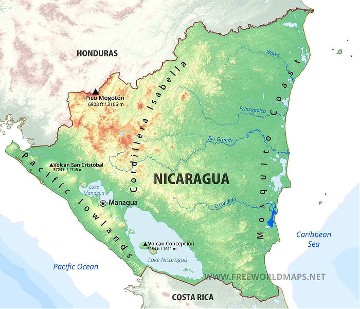 Map of Nicaragua in Central America