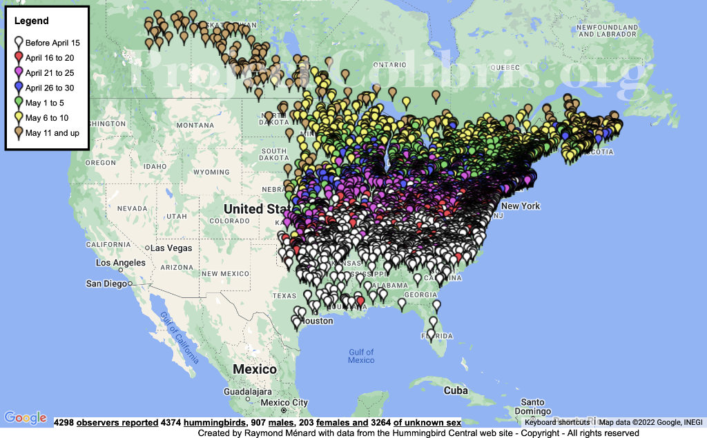 Map of Final 2022 Ruby-throated Migration by Date ... click for detailed interactive map